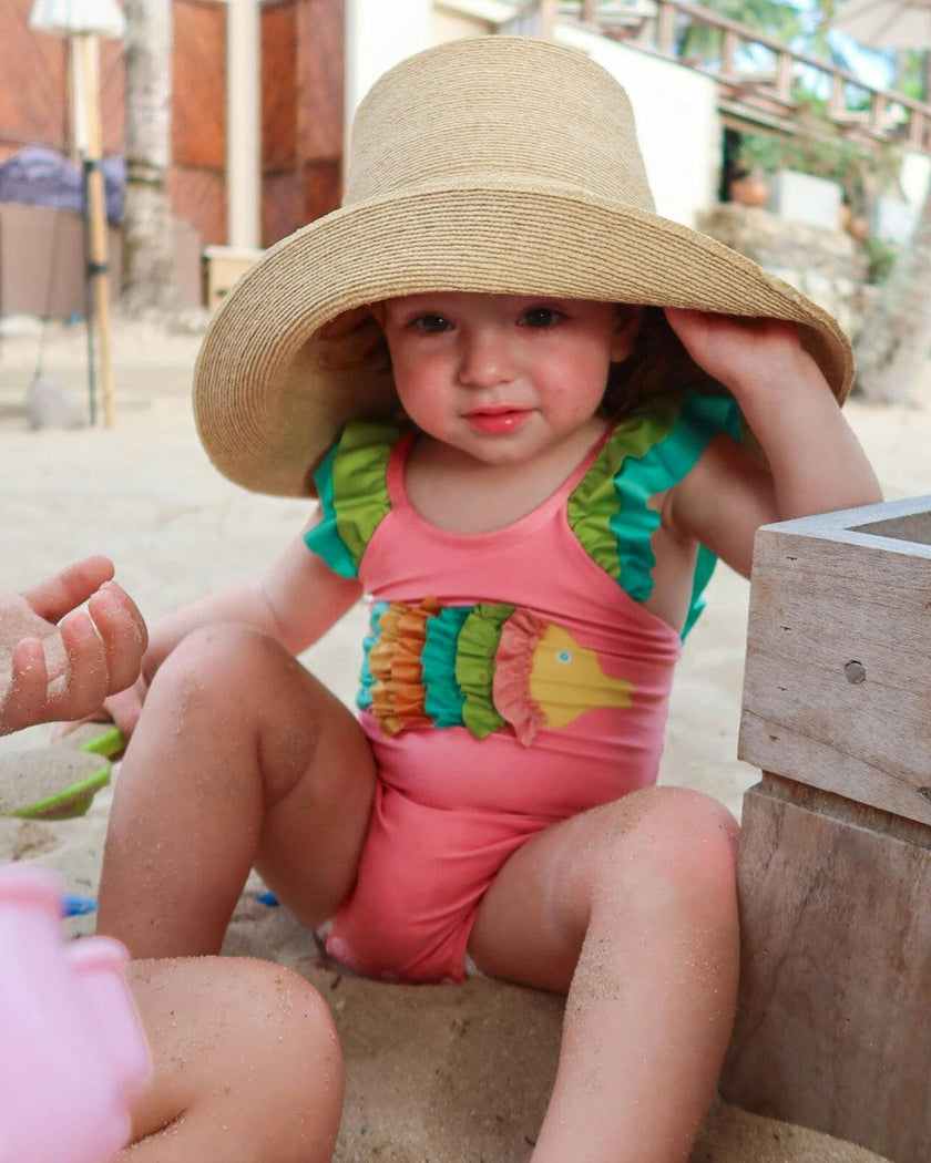 The Coral Reef Ruffle - Little Girls Pink Fish One Piece