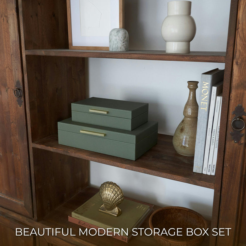 Decorative Storage Boxes with Lids - Set of 2 PU Leather Organizer Bins for Bookshelf Decor - Store Photos, Documents and Memory Box Keepsakes in Style