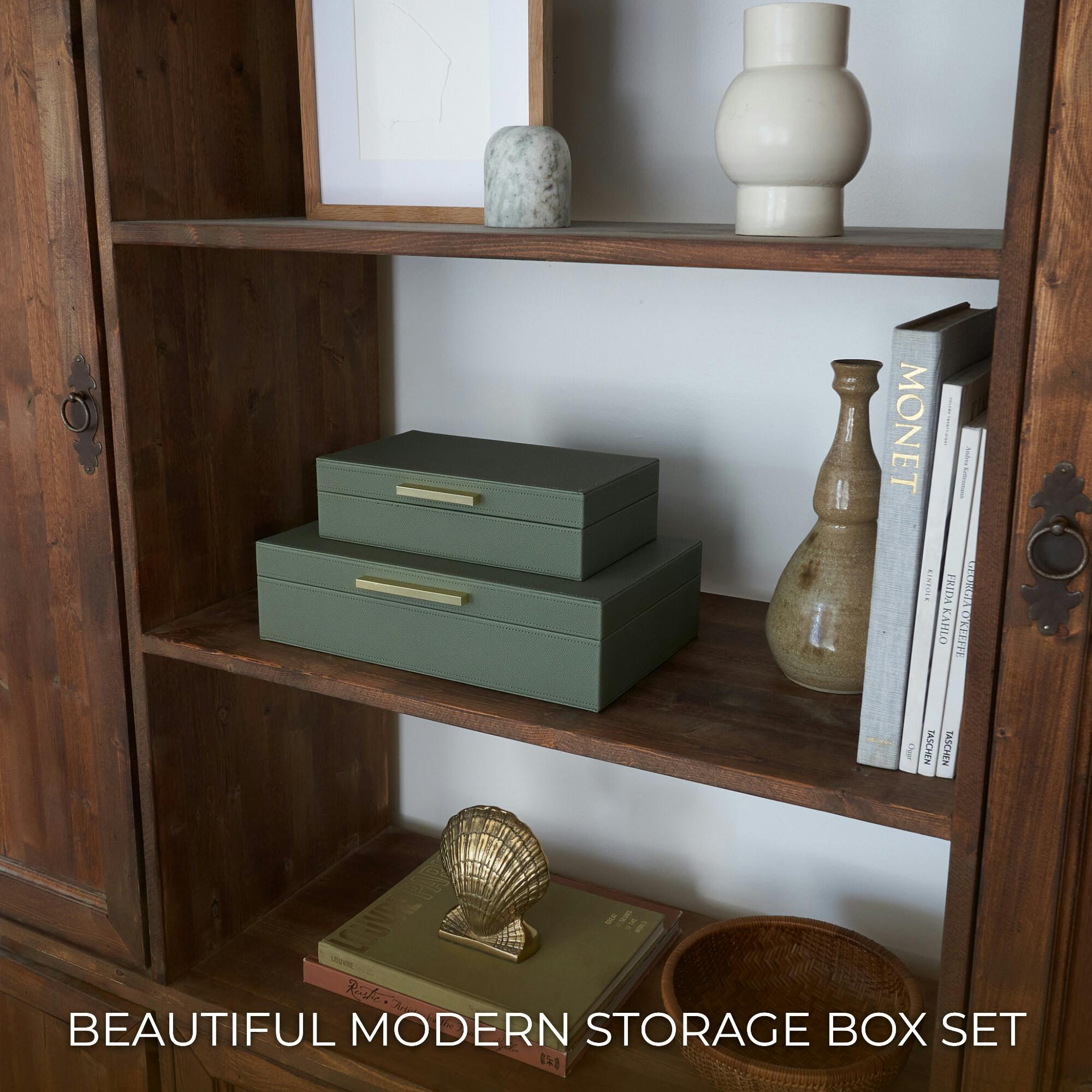 Decorative Storage Boxes with Lids - Set of 2 PU Leather Organizer Bins for Bookshelf Decor - Store Photos, Documents and Memory Box Keepsakes in Style