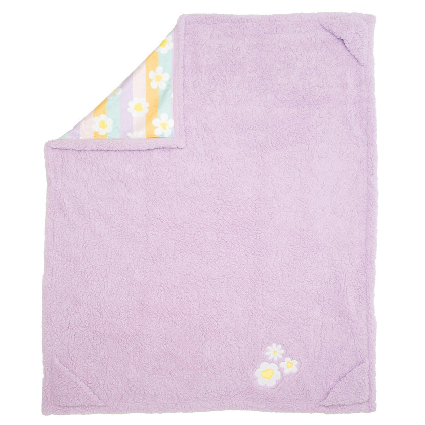 Cozy Switch Blanket – Reversible Sherpa & Mink Fleece Blanket with Embroidered Appliqué, Happy Daisy Stripes