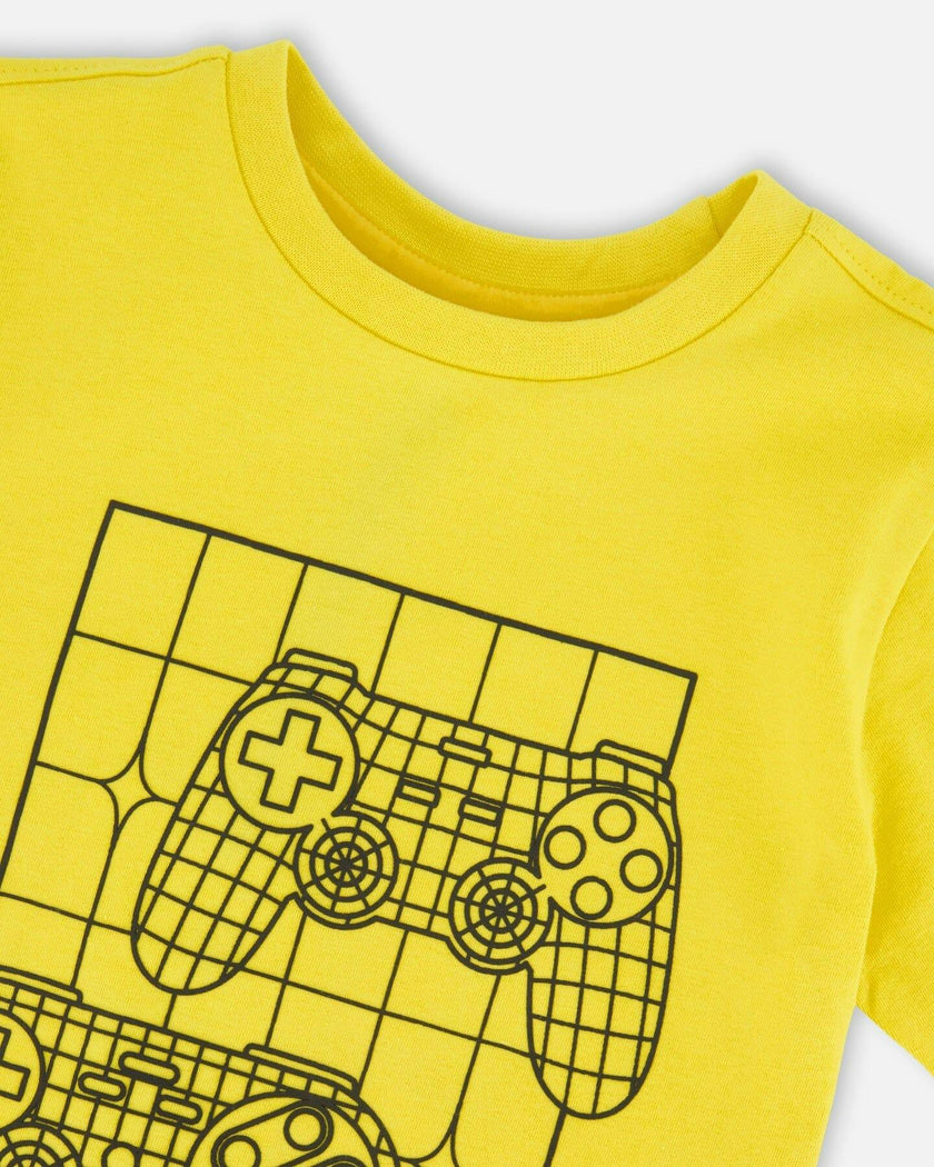 Organic Cotton Jersey T-Shirt With Gamer Print Yellow