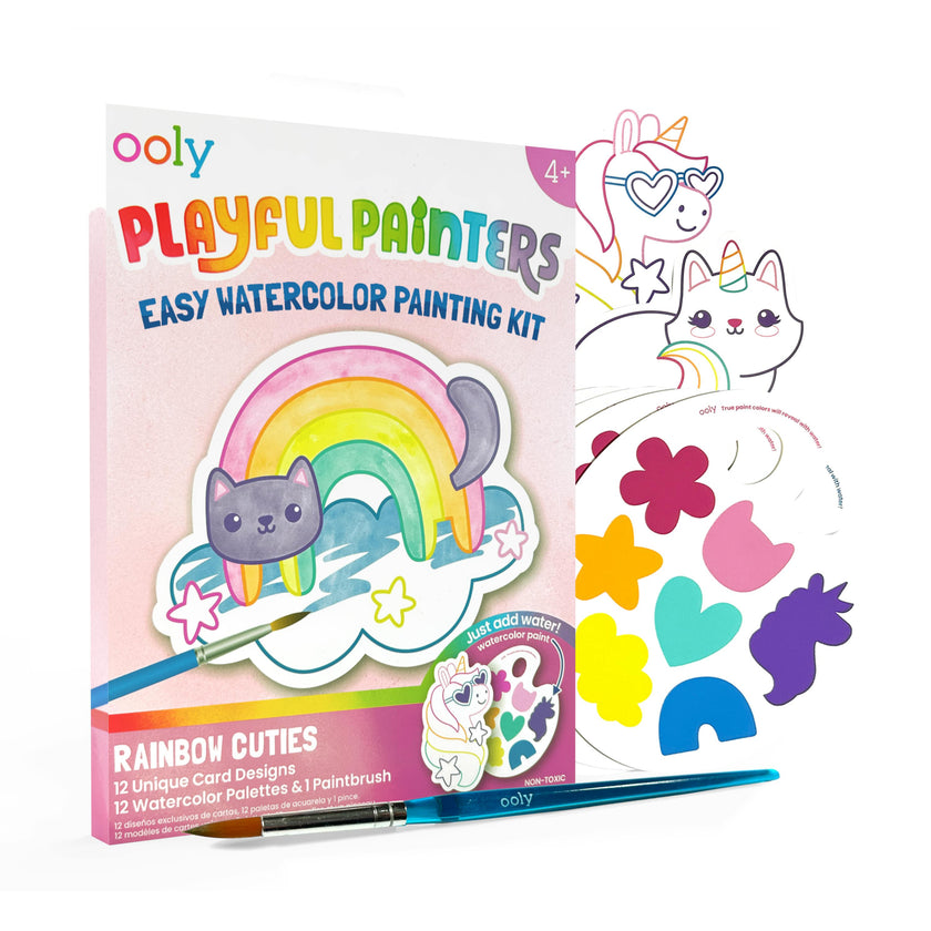 Playful Painters Easy Watercolor Painting Kit - Rainbow Cuties - 12 Cards 12 Palettes 1 Paintbrush