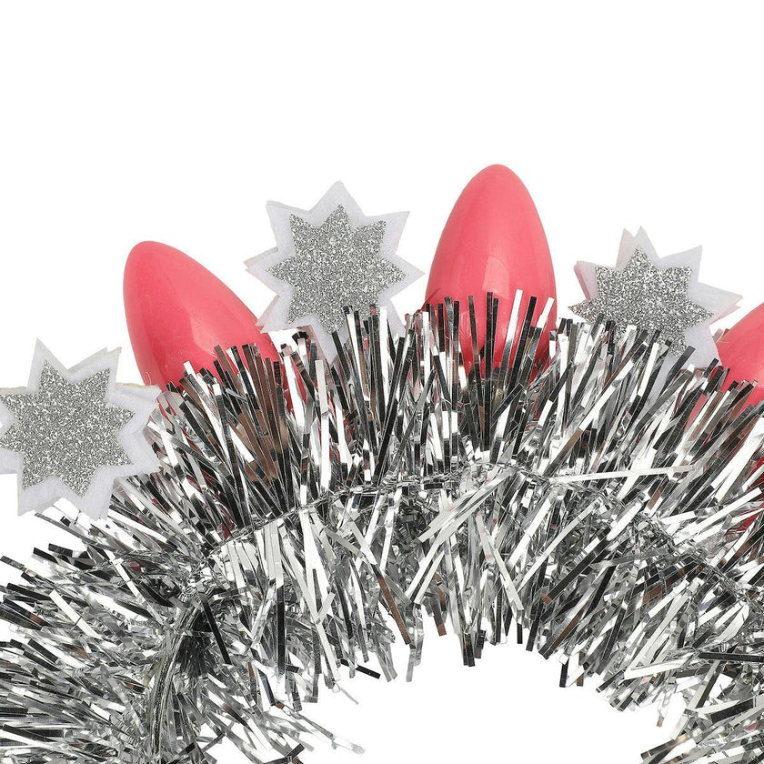 Packed Party Tinsel Topper Christmas Light Novelty Headband - Silver Tinsel with Pink Christmas Lights and Silver Glitter Stars for Holiday Parties, One Size