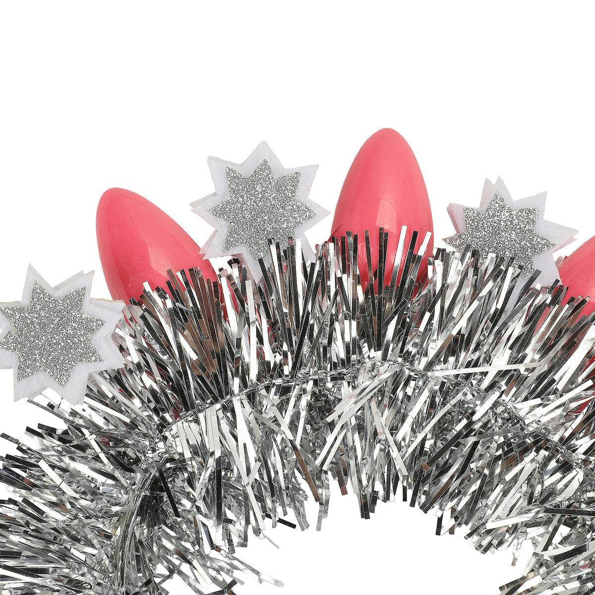 Packed Party Tinsel Topper Christmas Light Novelty Headband - Silver Tinsel with Pink Christmas Lights and Silver Glitter Stars for Holiday Parties, One Size