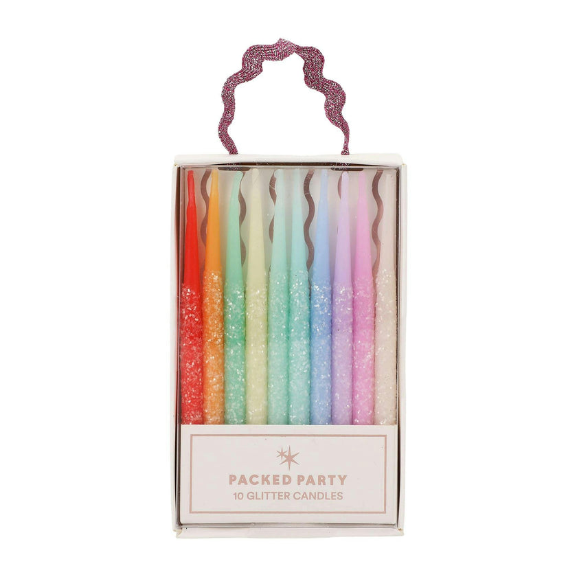 Packed Party Glitter Wishes Rainbow Birthday Candle Set of 10 - Glitter-Dipped Multicolor Pastel Beeswax Candles in Gift Box with Pink Ric Rac Handle
