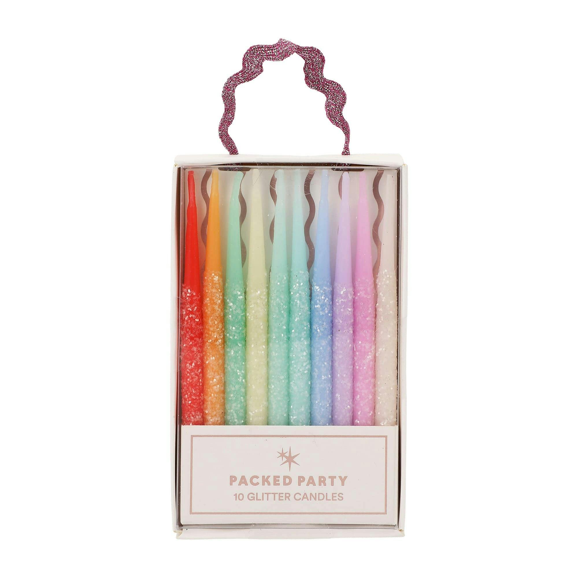 Packed Party Glitter Wishes Rainbow Birthday Candle Set of 10 - Glitter-Dipped Multicolor Pastel Beeswax Candles in Gift Box with Pink Ric Rac Handle