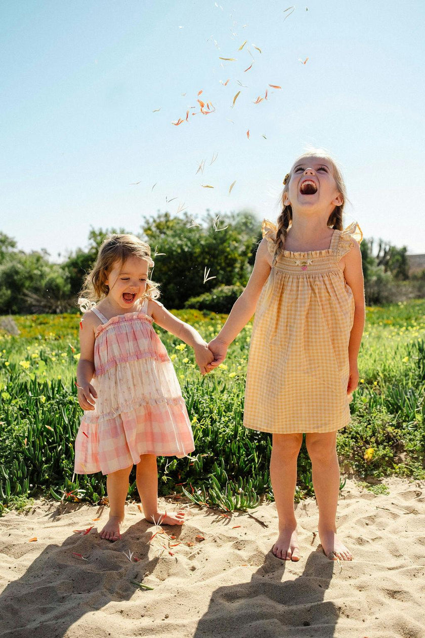 Smock Flutter Dress in Yellow Gingham/Strawberry