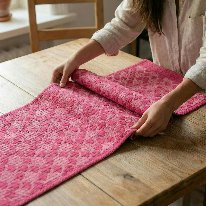 Artisan Hand Loomed Cotton Table Runner - Pink Ginkgo - 18"x96"