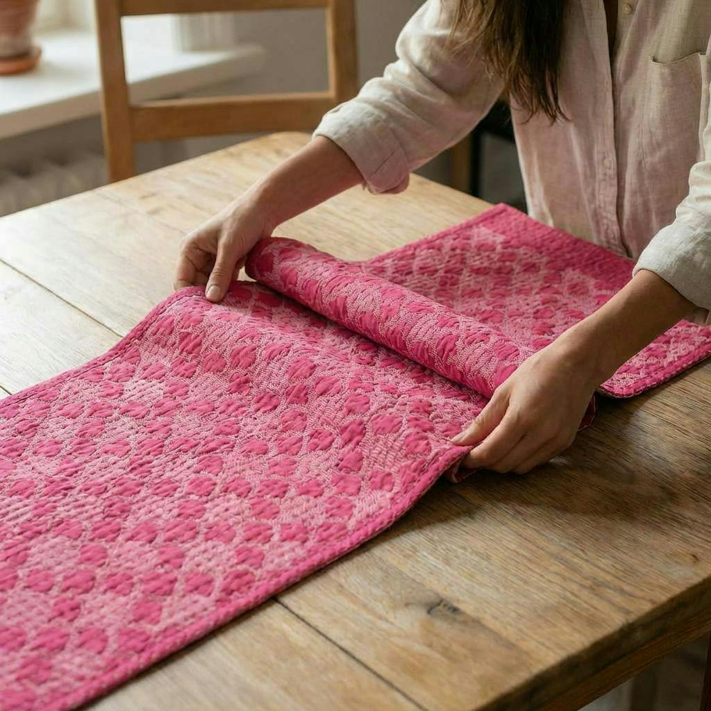 Artisan Hand Loomed Cotton Table Runner - Pink Ginkgo - 18