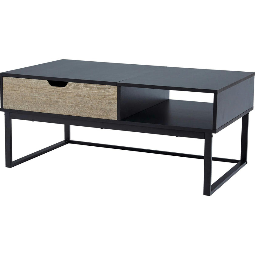 Bryson Two-Tone Natural Wood Grain Color with Manual Lift and Lower Top Coffee Table Desk with Open Storage and Metal Legs