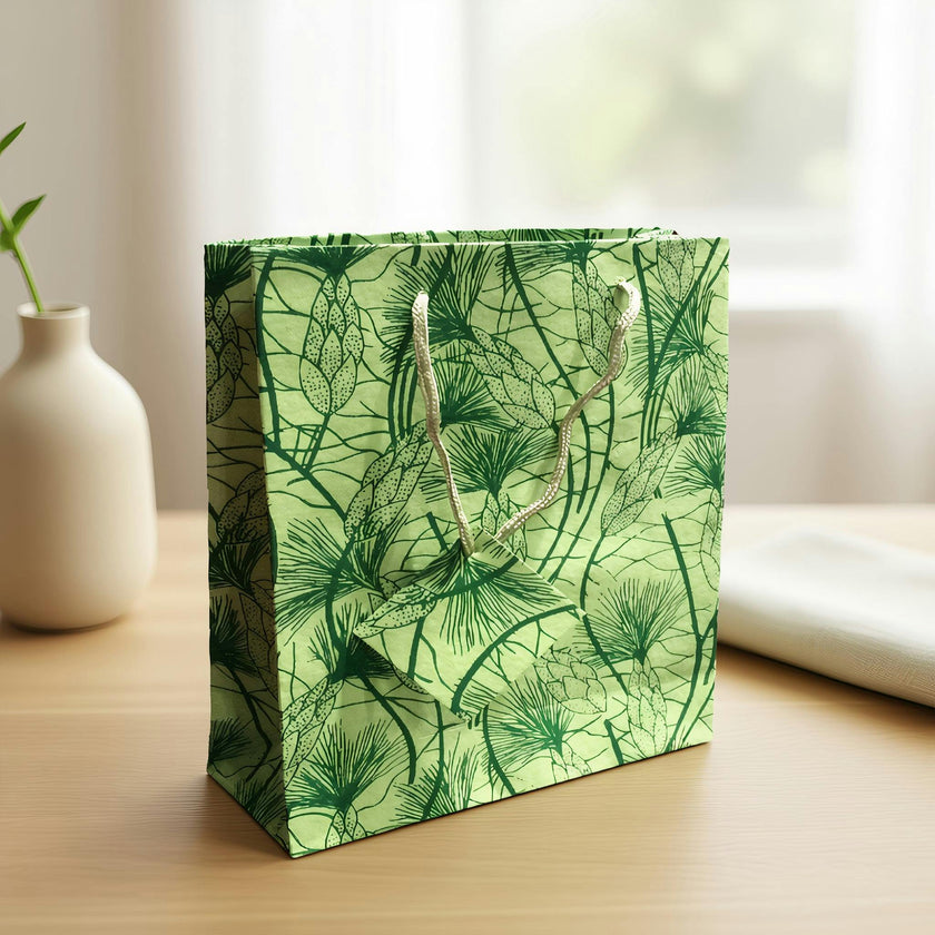 Set of Six Recycled Cotton Gift Bags Tag Green Beach Grass Design
