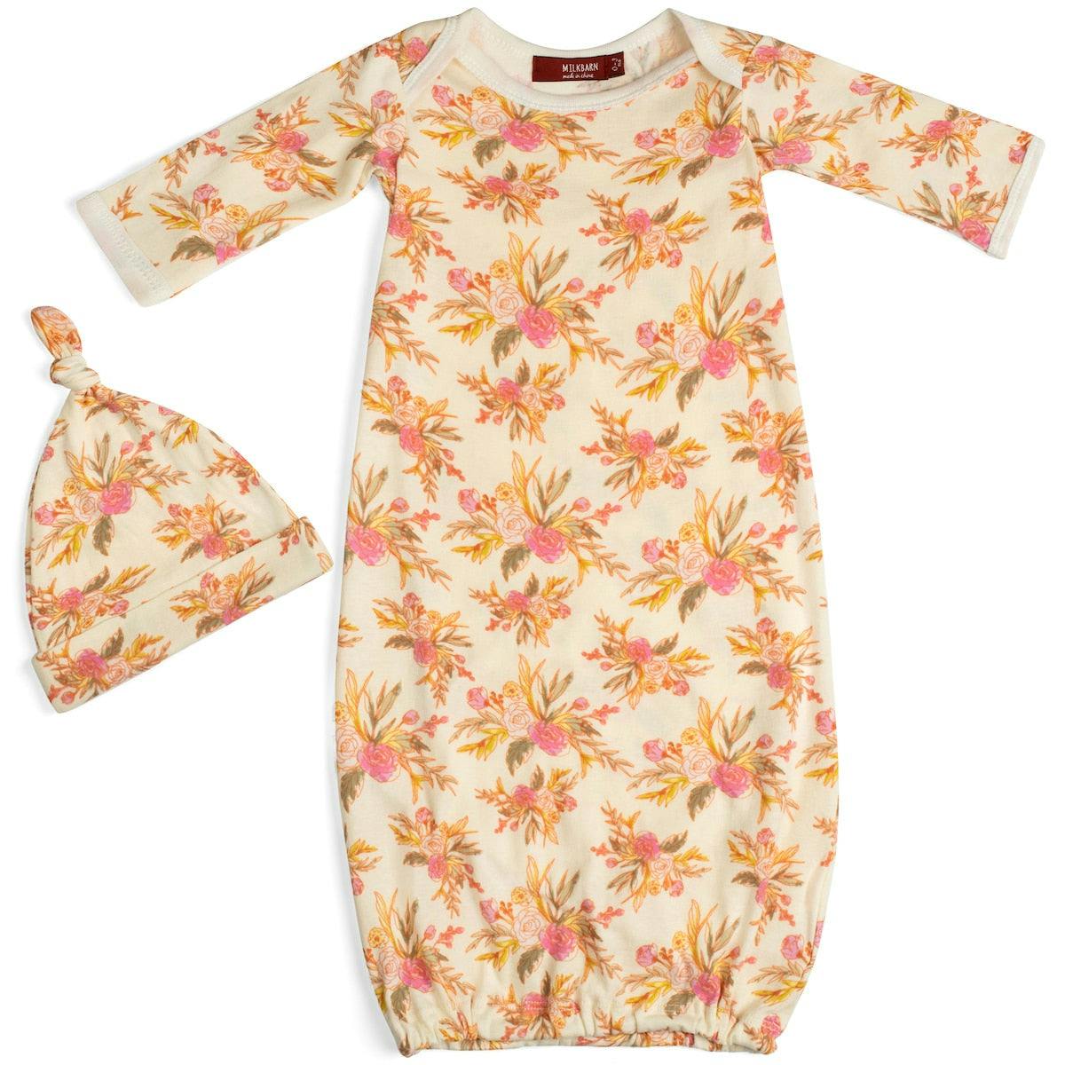 Vintage Floral Organic Cotton Newborn Gown & Hat Set