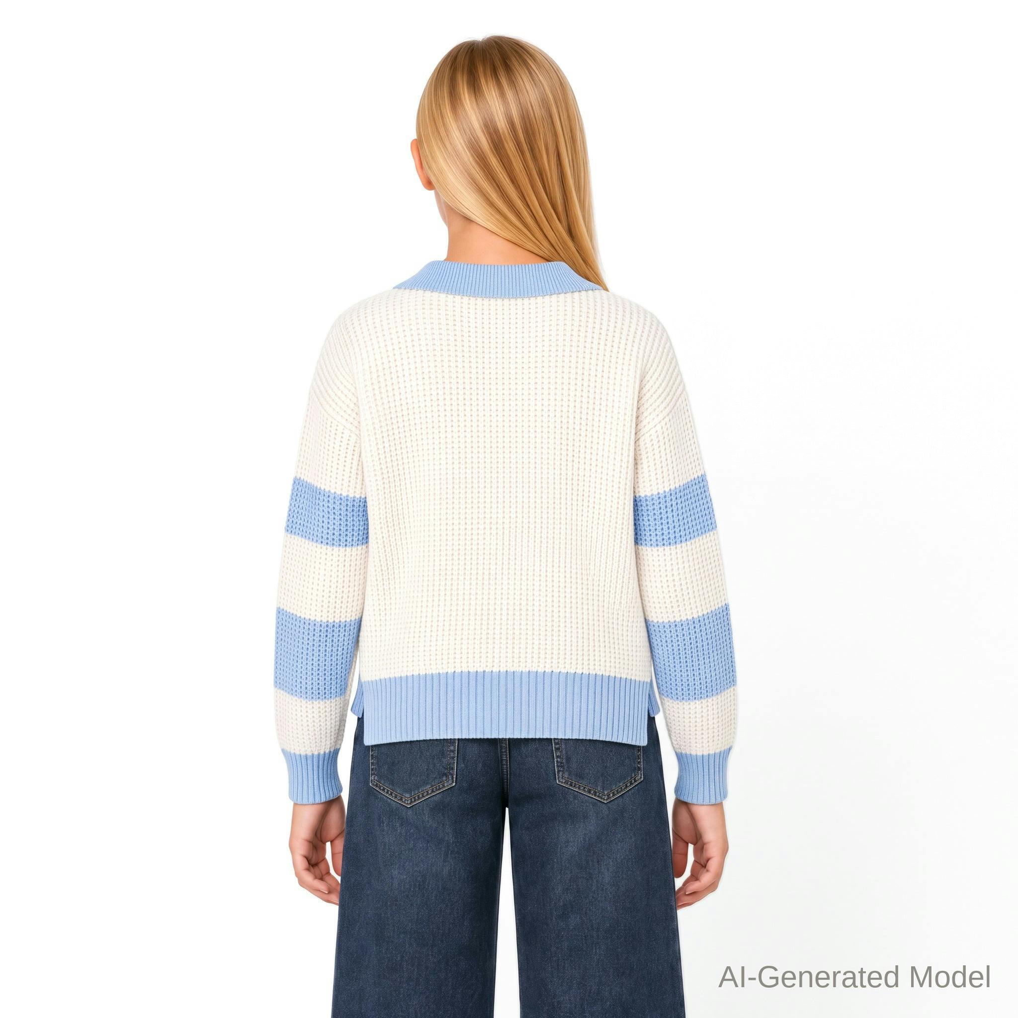 Tween Girls Slouchy Rugby Sweater | Beige & Blue