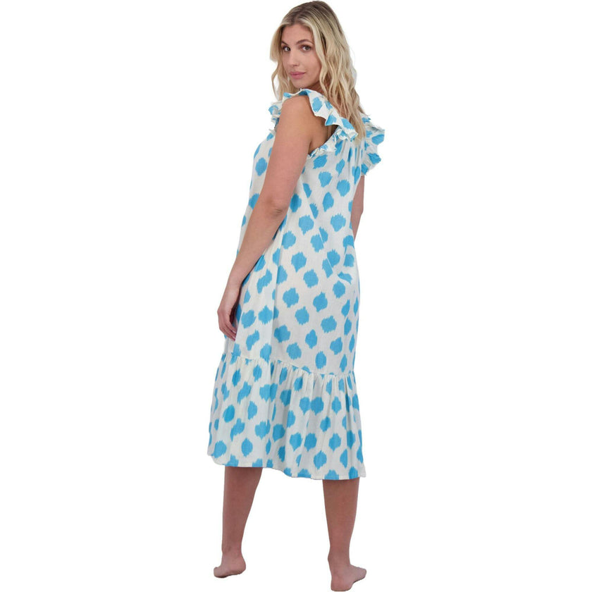 Eva Women's Ruffle Sundress Cream Aqua Ikat, Blue