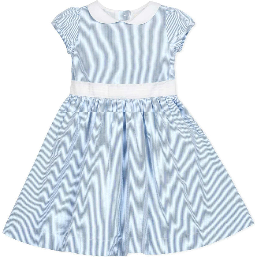Organic Short Sleeve Seersucker Dress with Peter Pan Collar, Blue