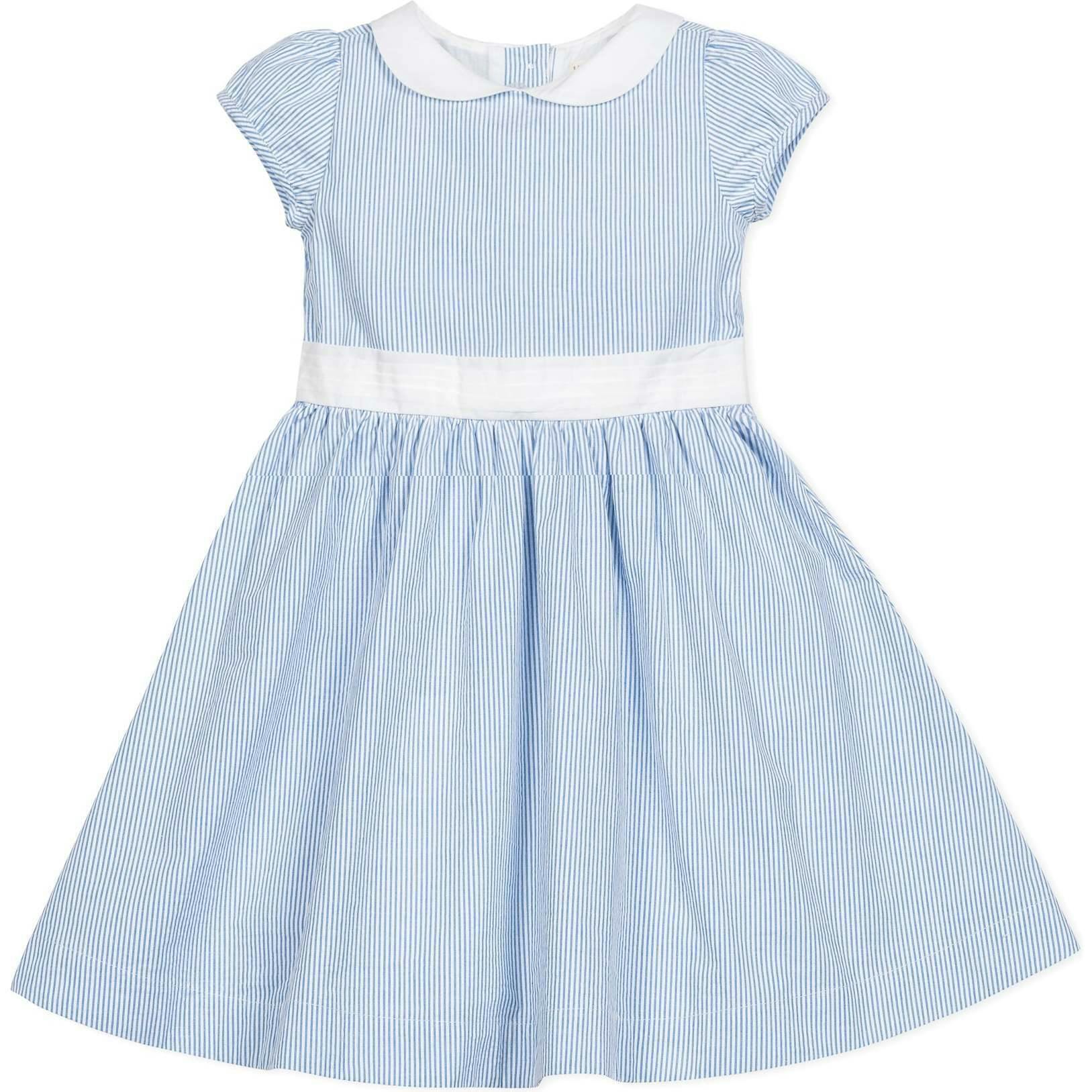 Organic Short Sleeve Seersucker Dress with Peter Pan Collar, Blue