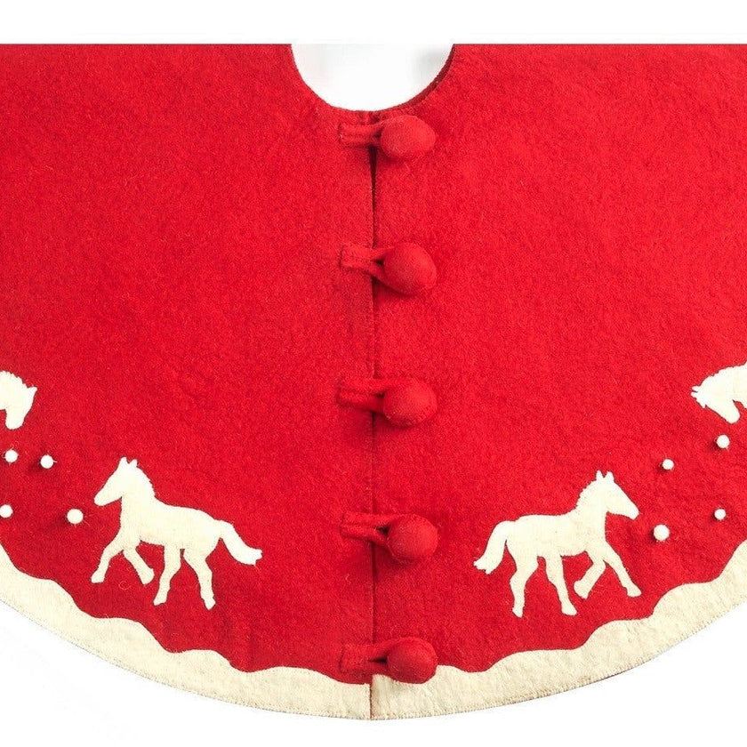 Handmade Galloping Horses Red White Christmas Tree Skirt 60" Arcadia Home