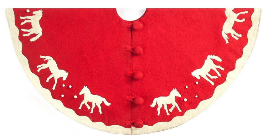 Handmade Galloping Horses Red White Christmas Tree Skirt 60"