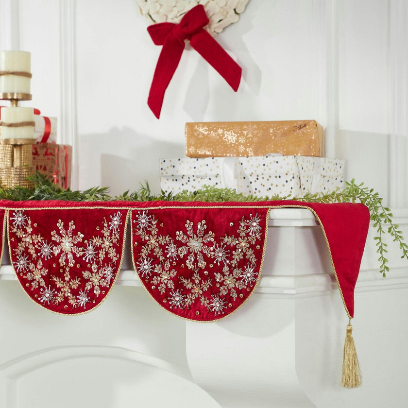 Red Velvet Mantel Scarf Hand Beading and Crewel Embroidery - 72"