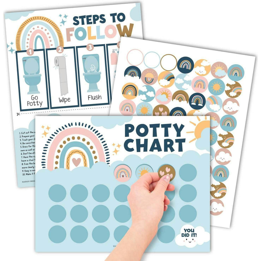 10-Piece Boho Rainbow Potty Training Charts & 6-Piece Bathroom Wall Art Decor Prints
