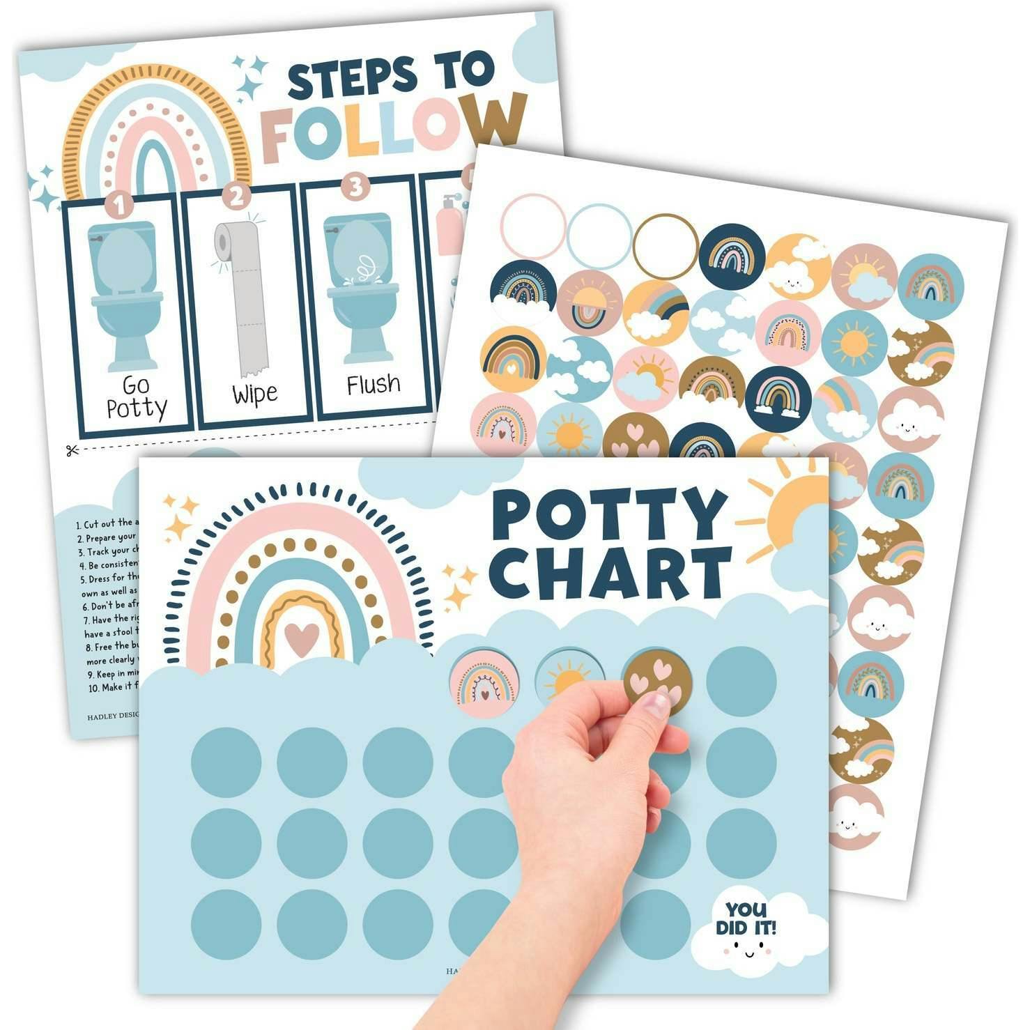 10-Piece Boho Rainbow Potty Training Charts & 6-Piece Bathroom Wall Art Decor Prints