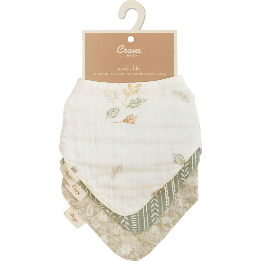 Willow 3-pc Muslin Baby. Bib Set (Neutral Leaf)