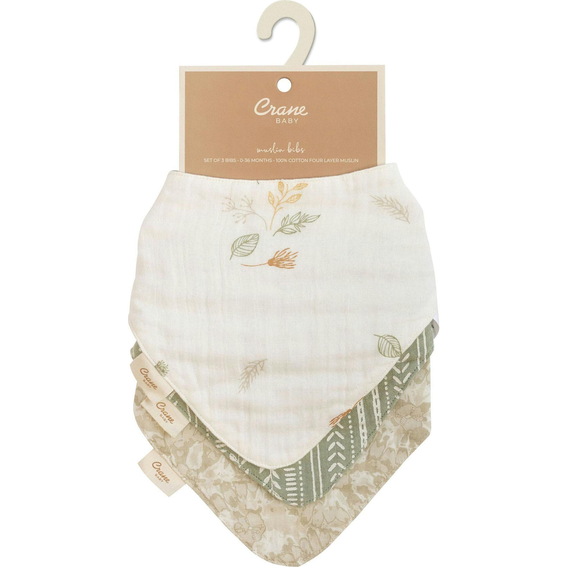 Willow 3-pc Muslin Baby. Bib Set (Neutral Leaf)