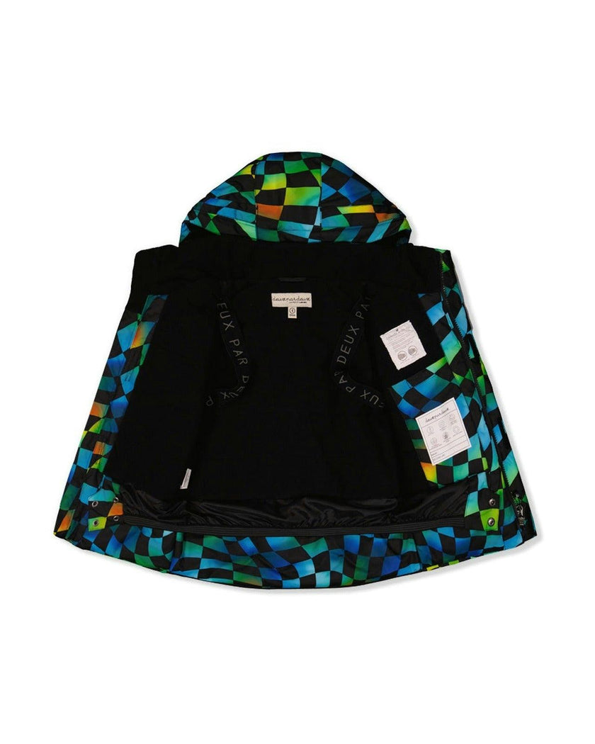 Two Piece Play Snowsuit Green Yellow And Blue Checkerboard With Black Pants