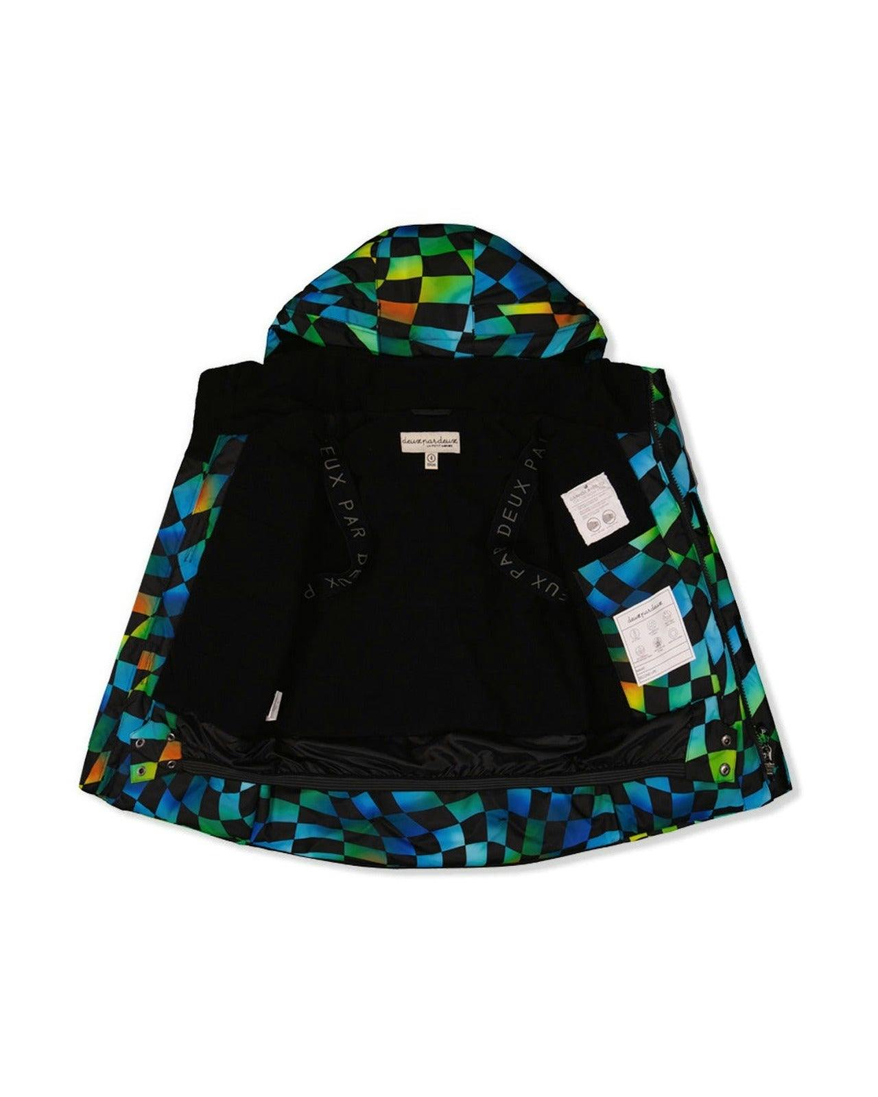 Two Piece Play Snowsuit Green Yellow And Blue Checkerboard With Black Pants