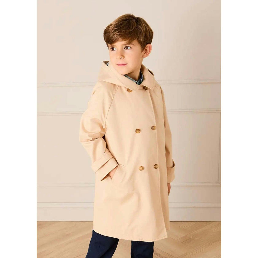 Double Breasted George Check Lined Rain Coat With Detachable Hood in Beige (2-10yrs)