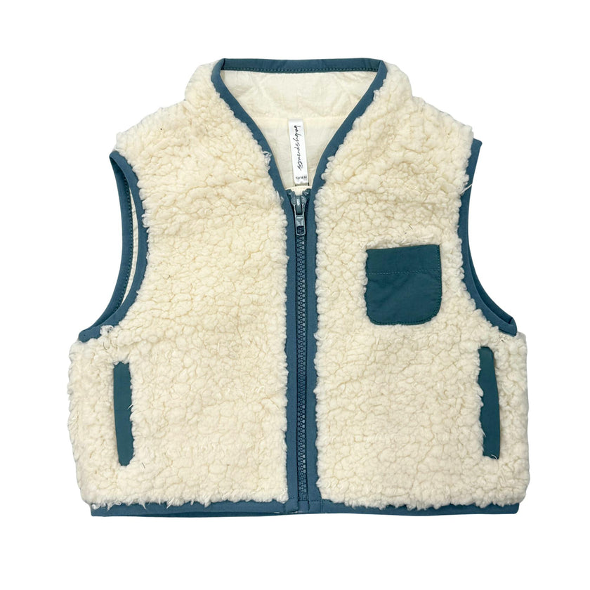 Sherpa Zipper Vest in Cream and Slate Mist
