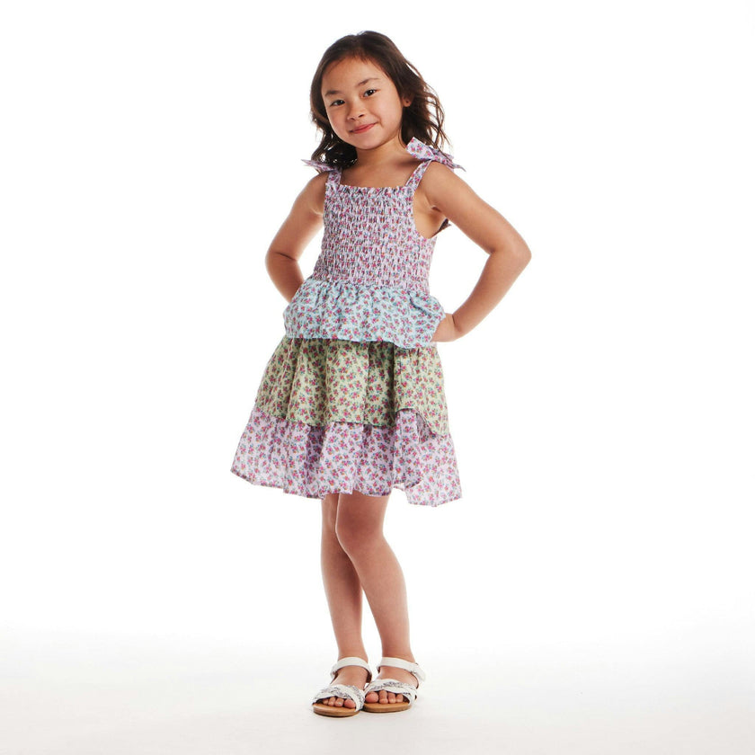 Kids Color Blocked Floral Tiered Dress