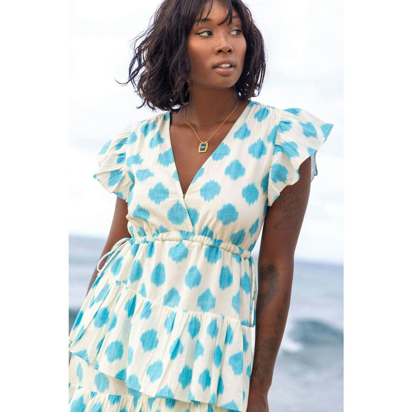 Mica Women's Tiered Maxi Dress Cream Aqua Ikat, Blue