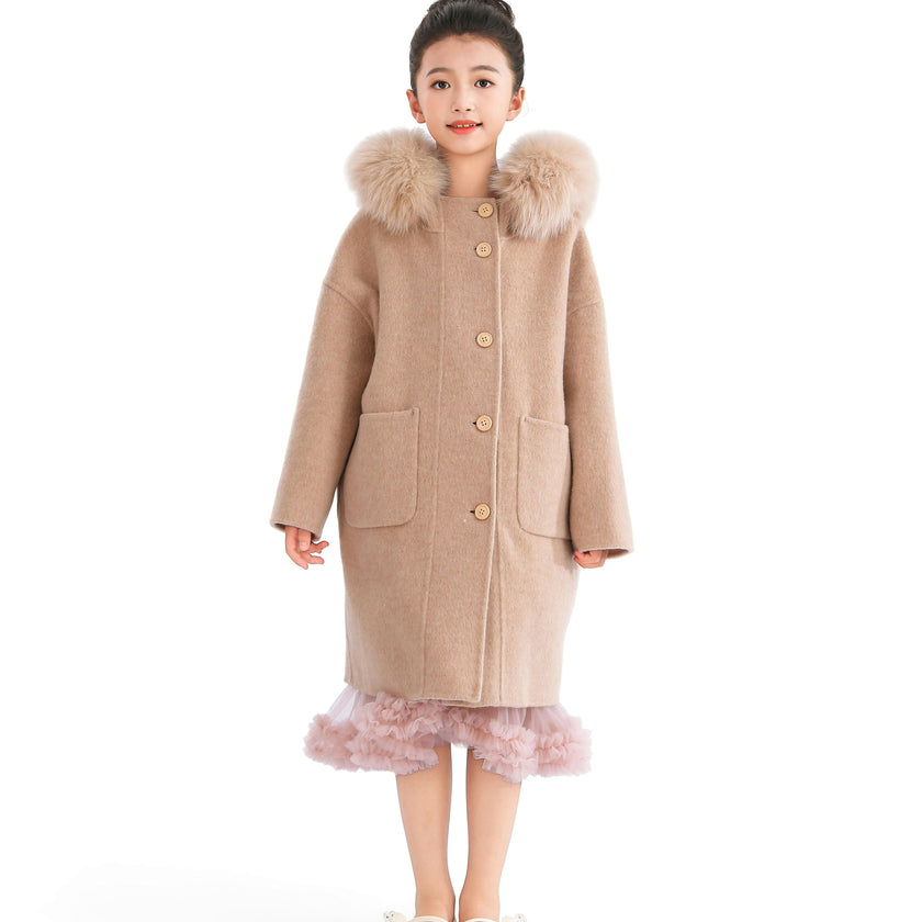 Champagne Wool Coat with Faux Fur Hood