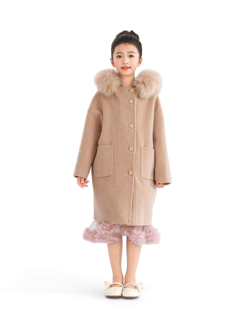 Champagne Wool Coat with Faux Fur Hood