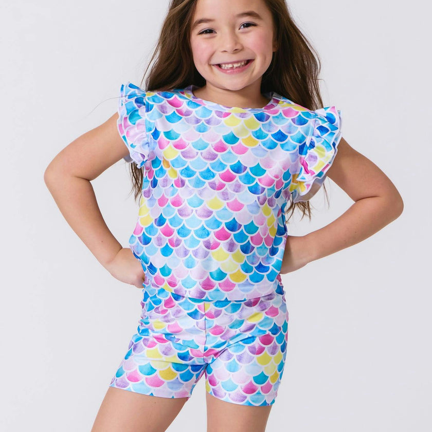 Girls Hi-Shine Ruffle Crop Top in Watercolor Mermaid