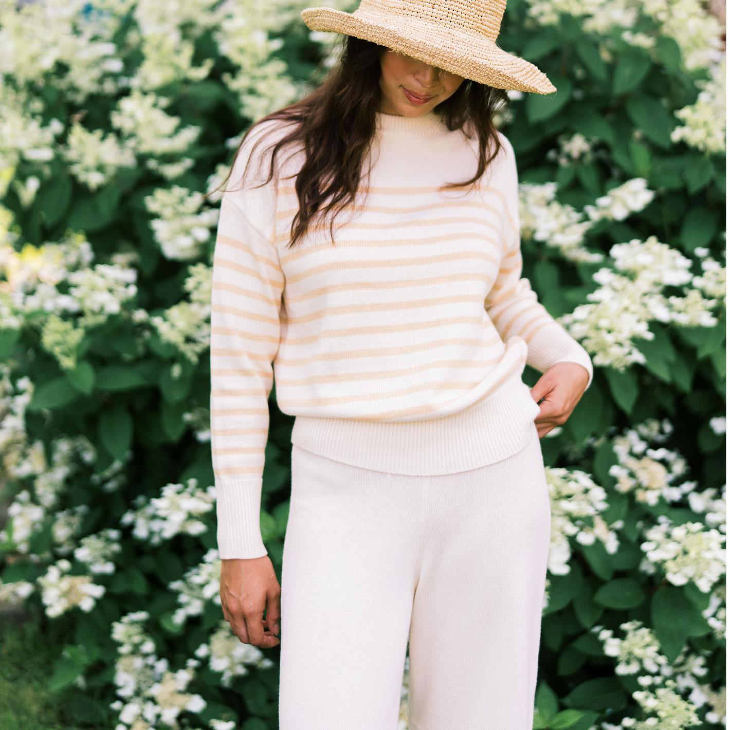 Women's Knit Sweater Cream And Tan Stripe