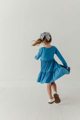 Girls Long Sleeve Double Tiered Dress in Stonewash