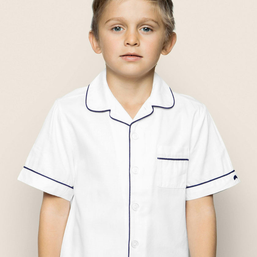 Kid's Twill Pajama Short Set in White with Navy Piping