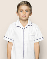 Kid's Twill Pajama Short Set in White with Navy Piping
