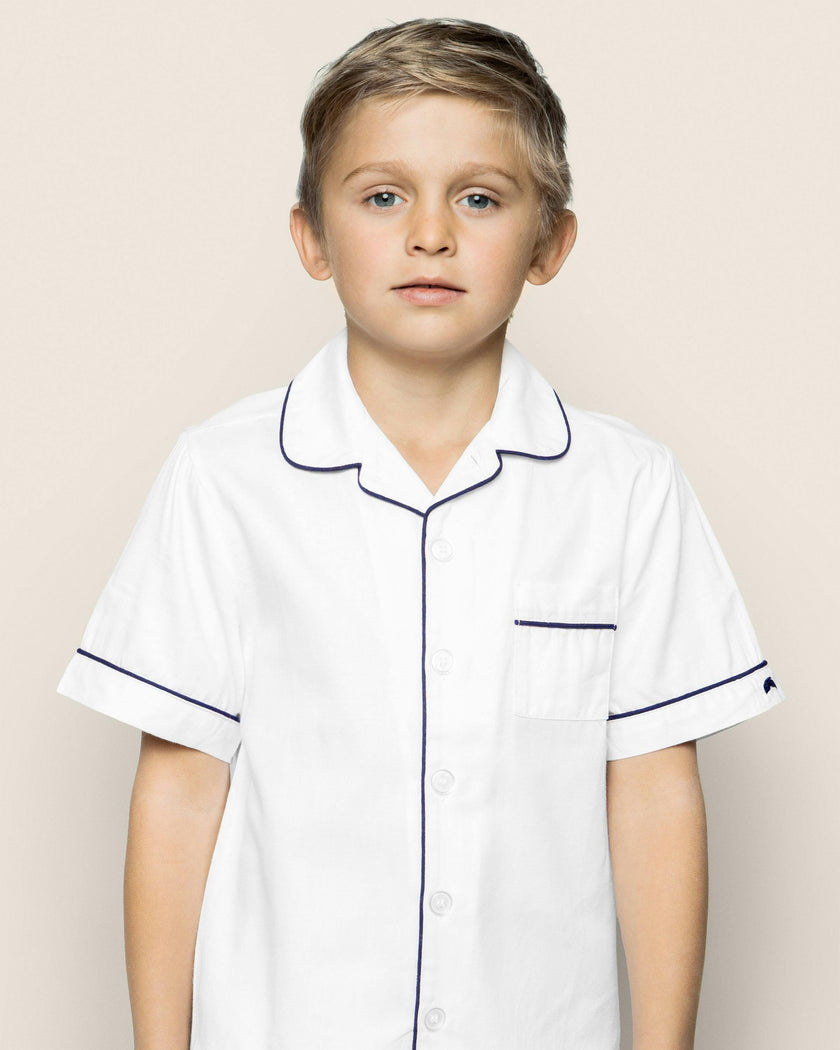 Kid's Twill Pajama Short Set in White with Navy Piping