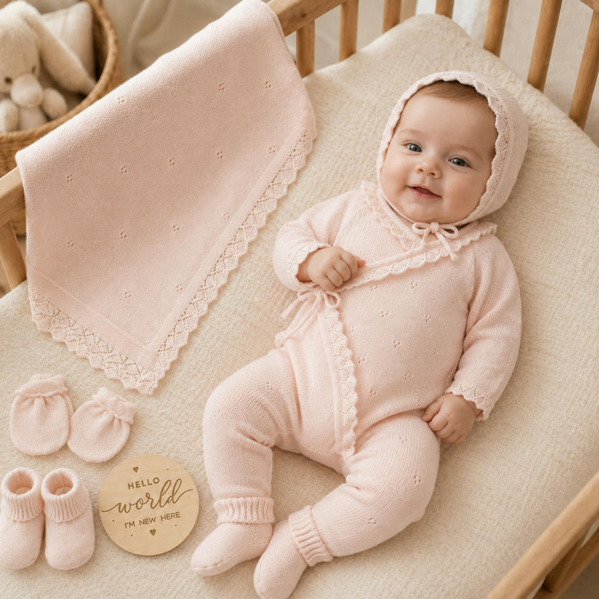 Baby Girl Organic Cotton Coming Home Outfit + Custom Wooden Name Sign Gift