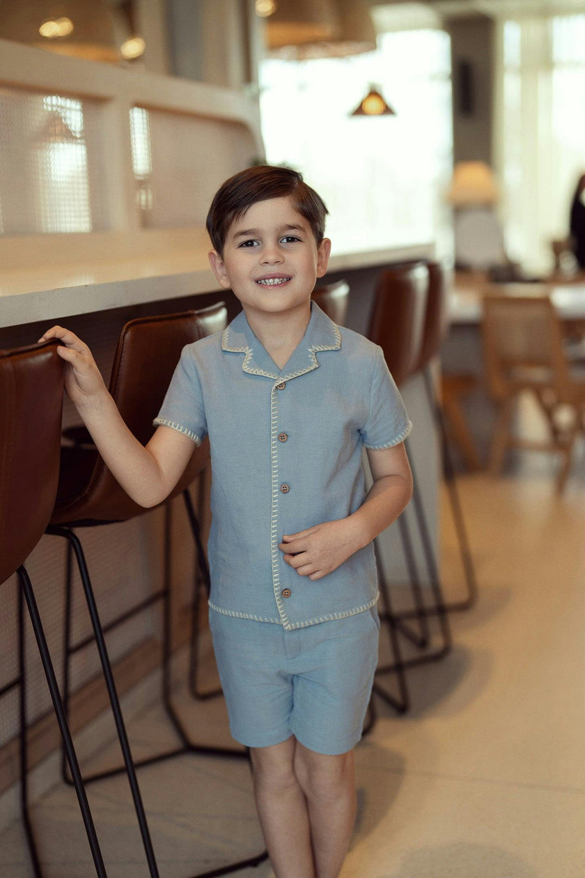 Twill Woven Button Front Elastic Waist Shorts and Shirt Two Piece Set