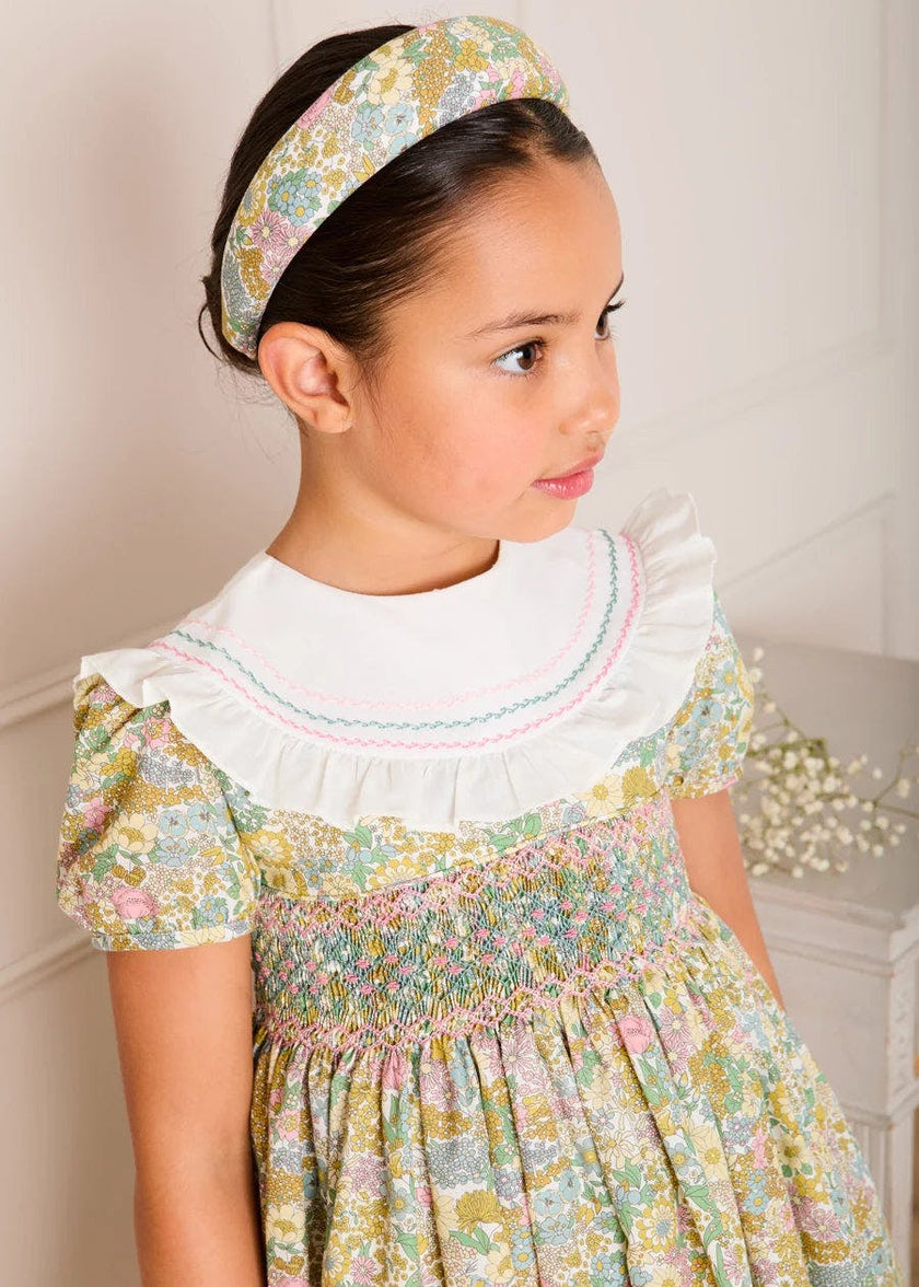 Charlotte Floral Hand Smocked Embroidered Collar Short Sleeve Dress in Green (4-8yrs)