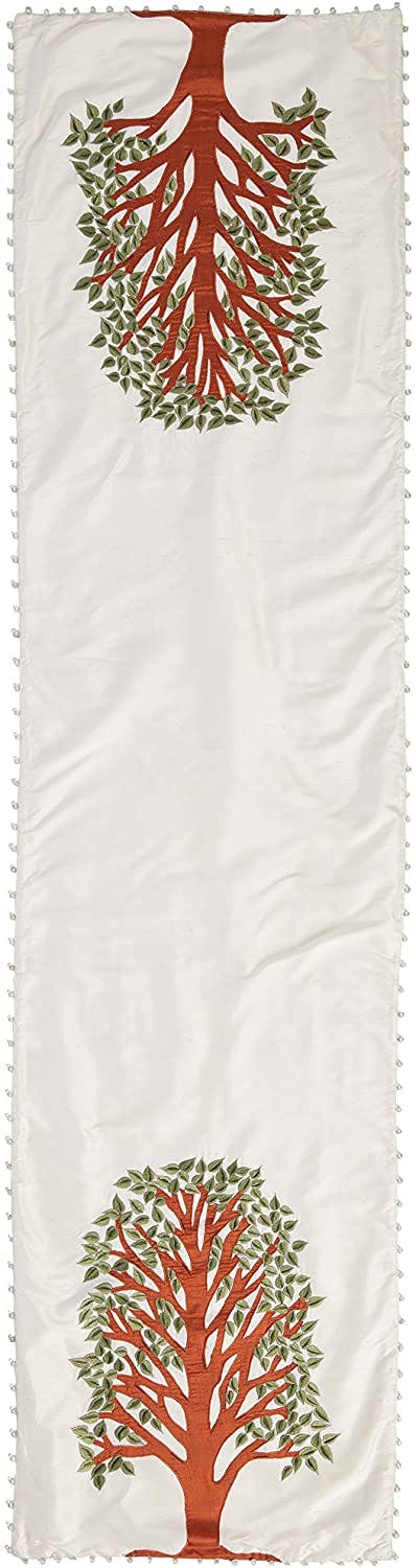 Handmade Ivory Silk Table Runner Tree of Life Embroidery and Hand Beading - 18"x72"