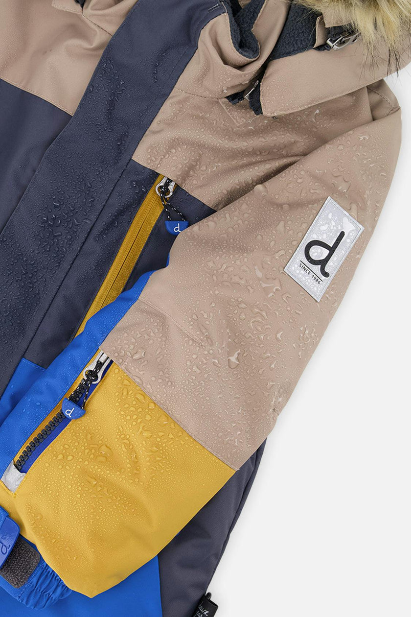 Two Piece Play Snowsuit Colorblock with Grey and Blue Dinosaur Print Pants