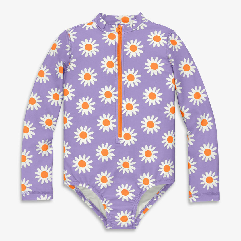 Clearance kids long sleeve one-piece rash guard in daisies