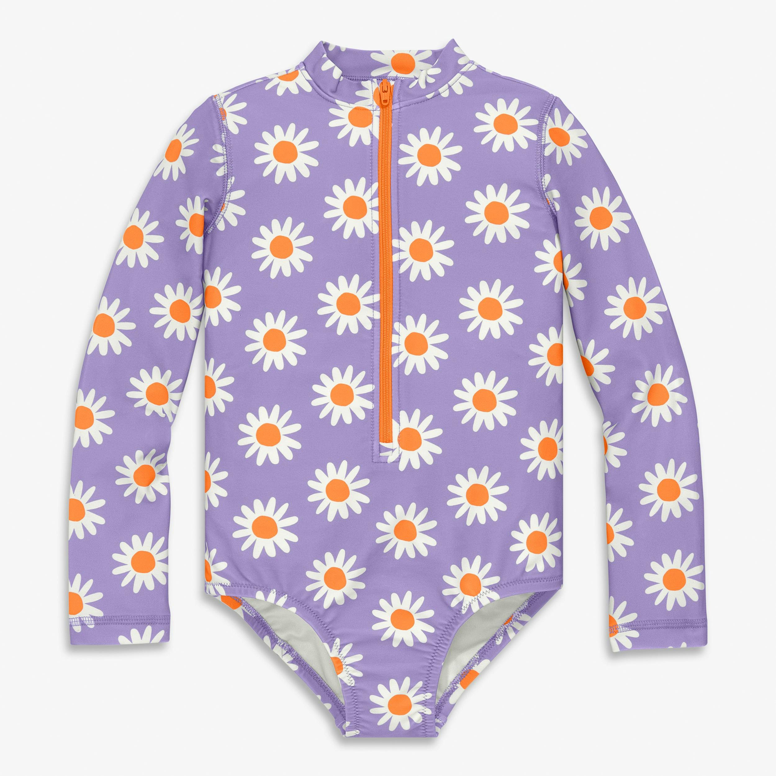 Kids long sleeve one-piece rash guard in daisies
