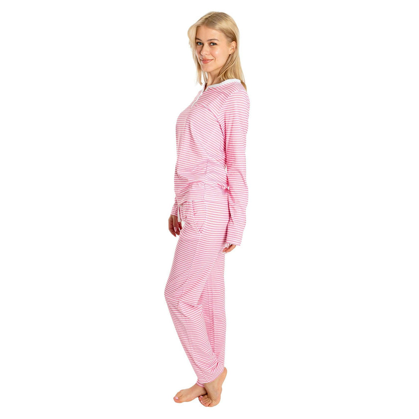Women's Peony Jersey Long PJ Set - Pink Stripe Organic Stretch Cotton