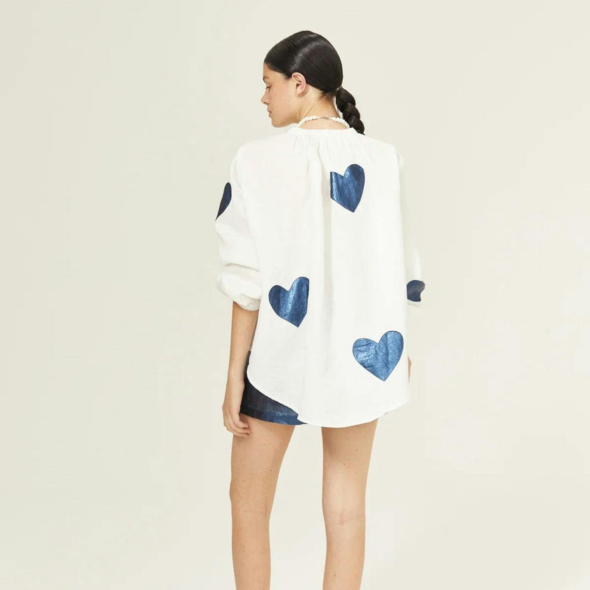 Cupid Linen Shirt - Off-white with Metallic Dark Blue Hearts